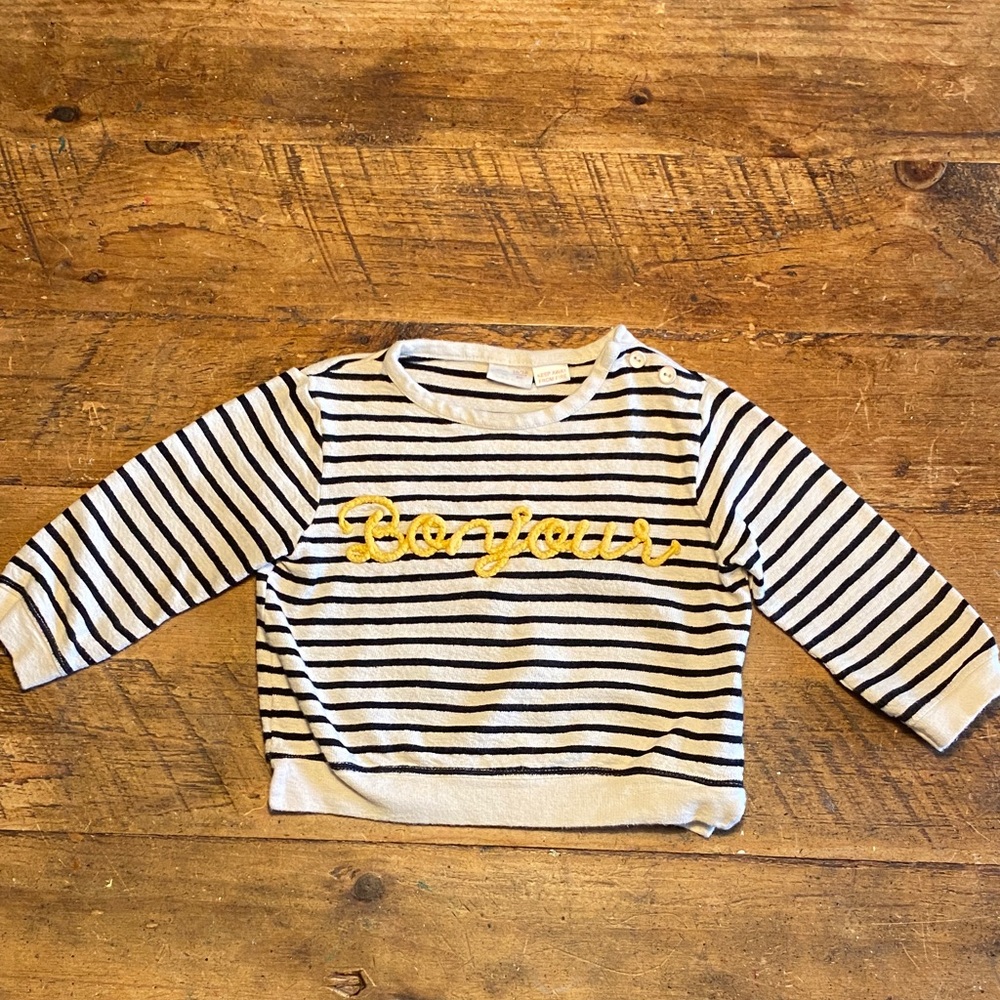 Zara Striped Top with “Bonjour” Application Size 12/18 months.